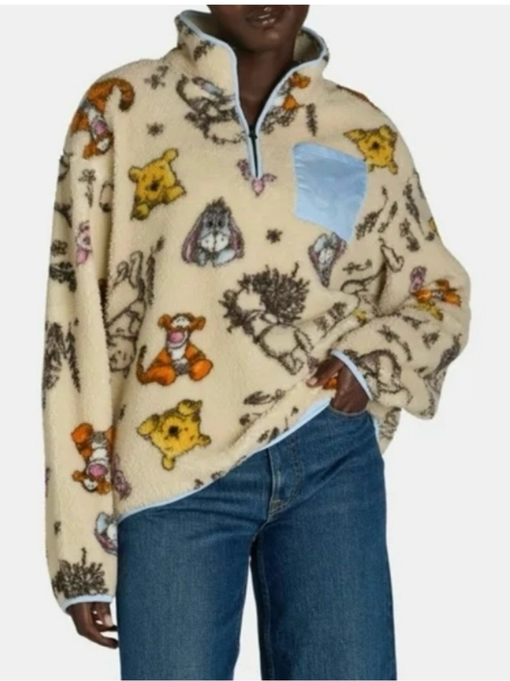 DISNEY WINNIE POOH Cozy Fleece Pullover Quarter Zip Sweater Sweatshirt Creme L
